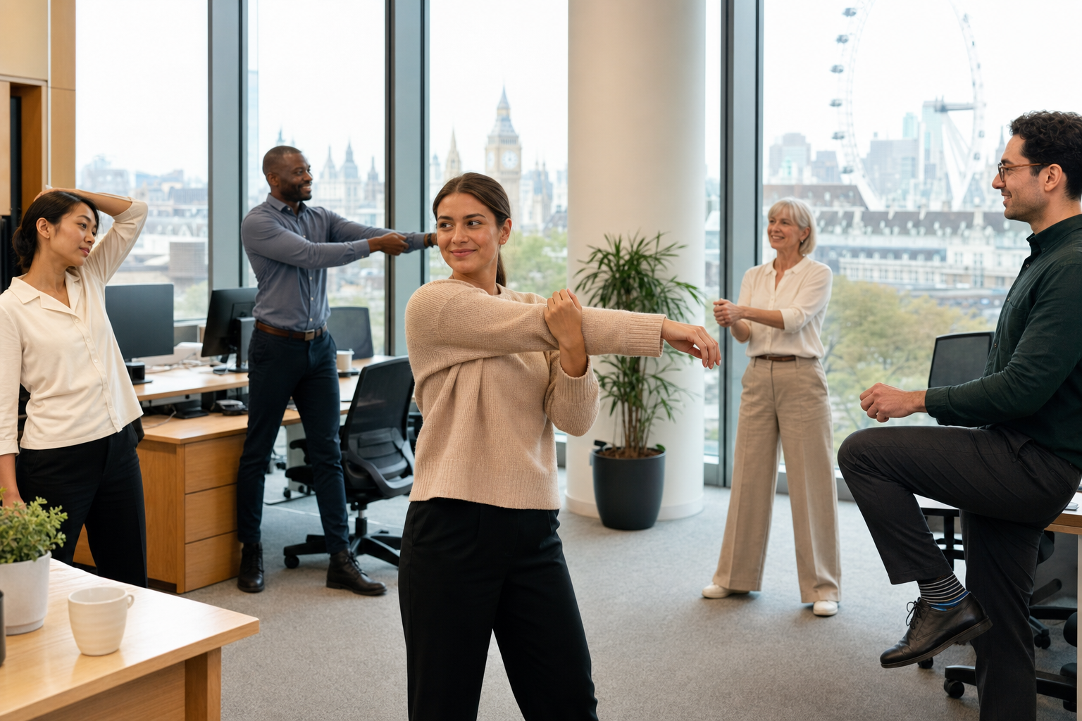 Sievedynis office stretch session with colleagues